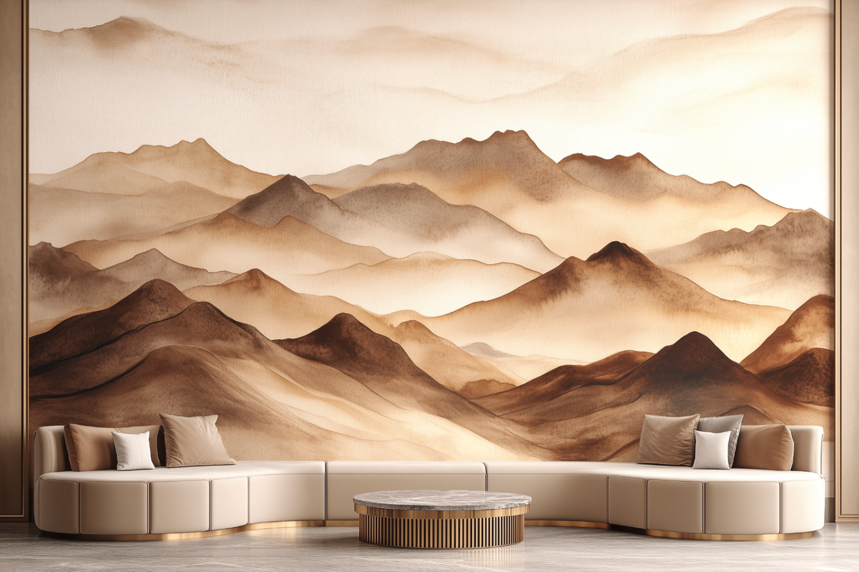 Interior wallpaper — watercolor mountain mural in warm browns above a curved cream sofa.