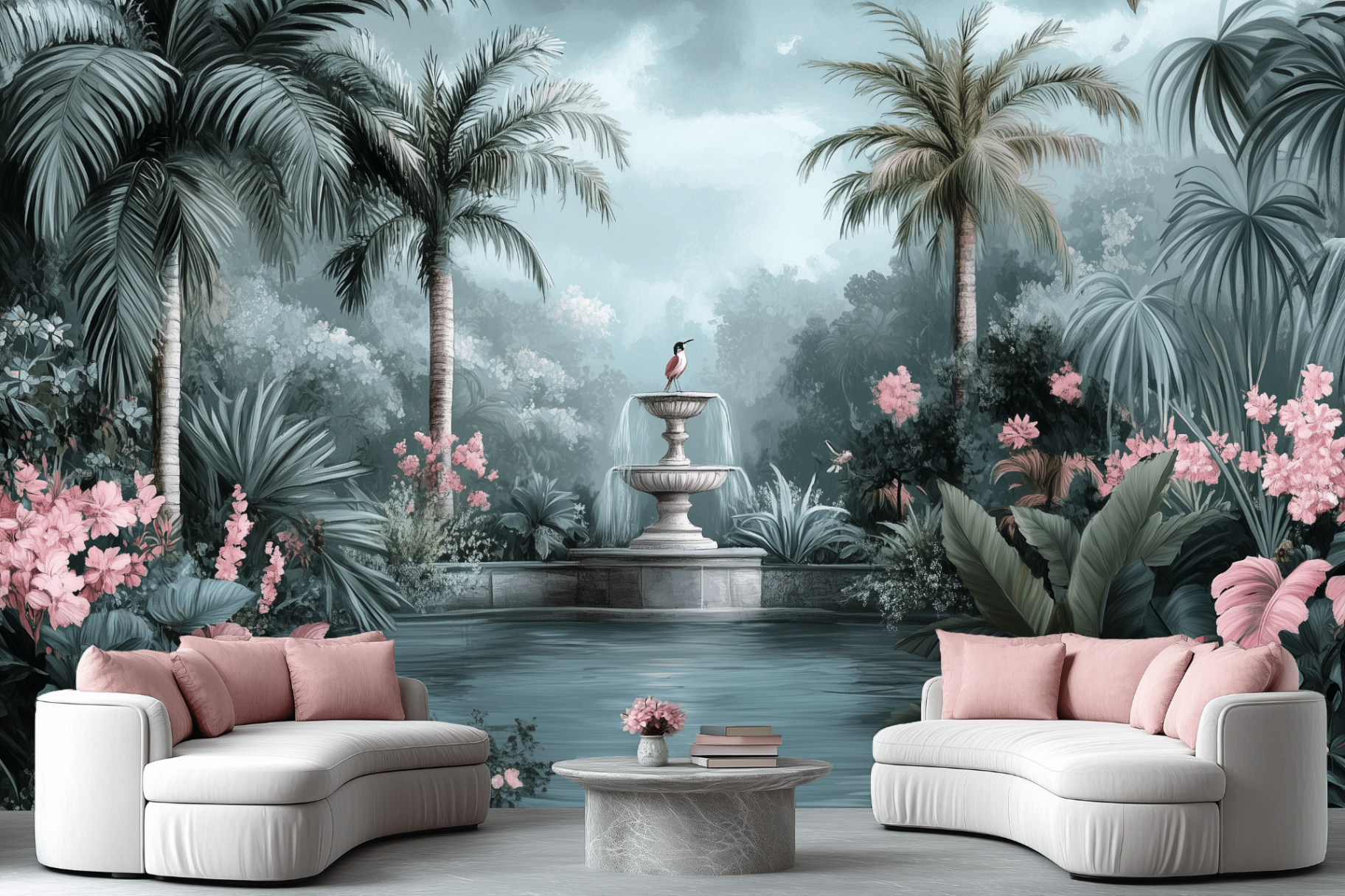 Interior wallpaper — tropical garden mural with palms, fountain and pink florals above curved white sofas.