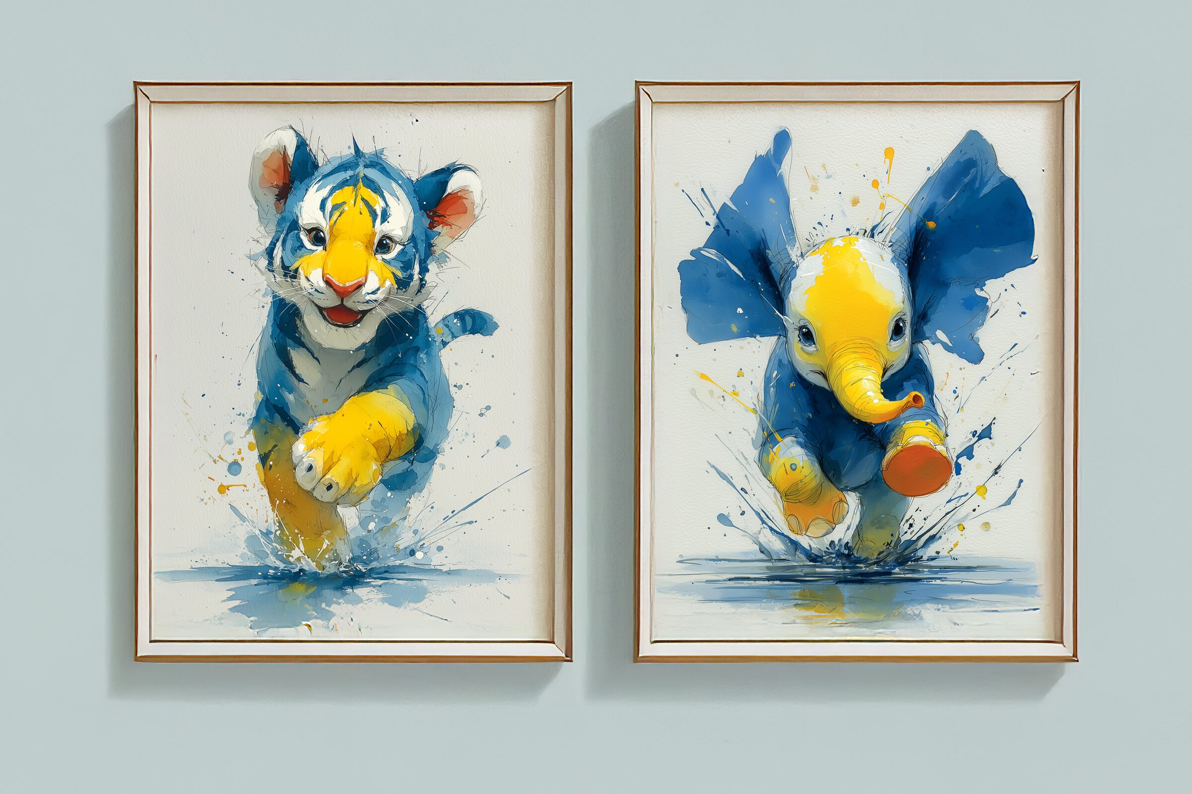 Framed watercolor poster pair — a tiger cub and an elephant calf in cobalt and mustard splashes, hung on a pale blue wall.