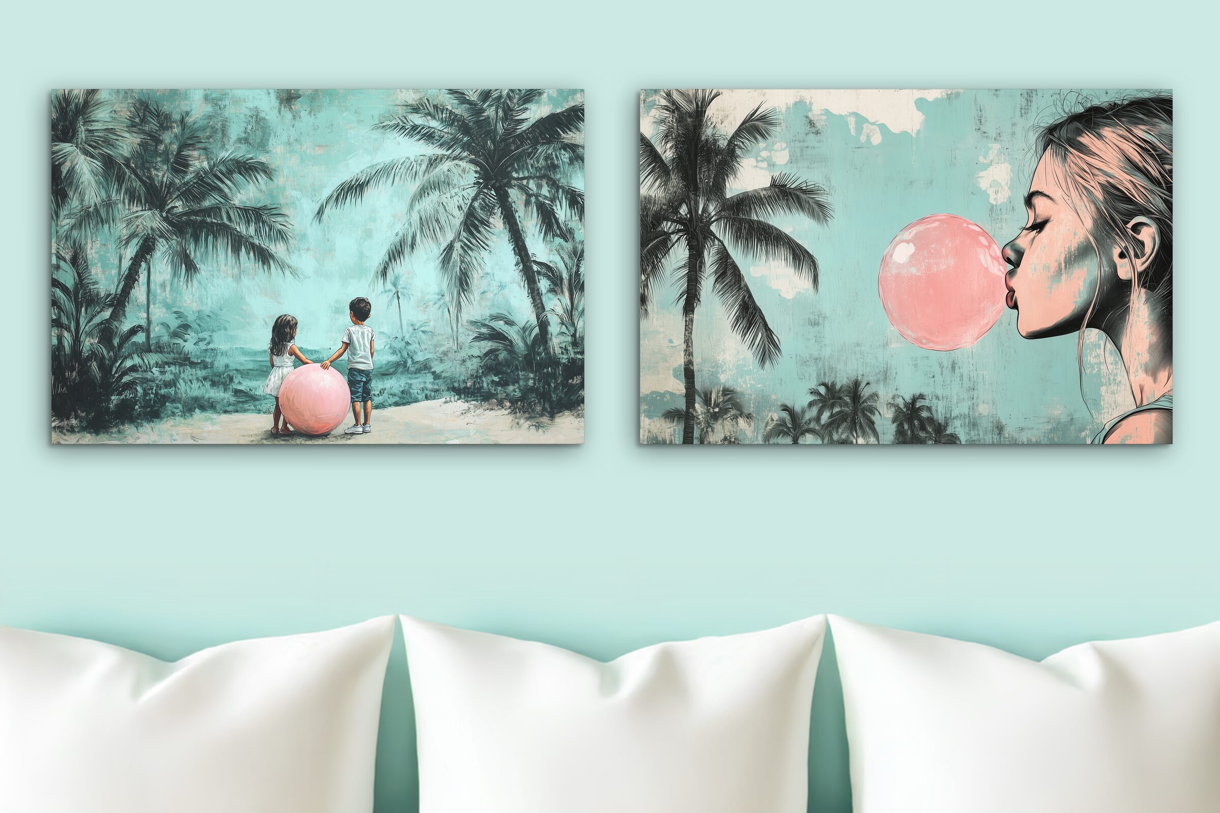 Two canvas prints above a white sofa — palm-fringed scenes in mint and graphite with pink bubblegum accents.