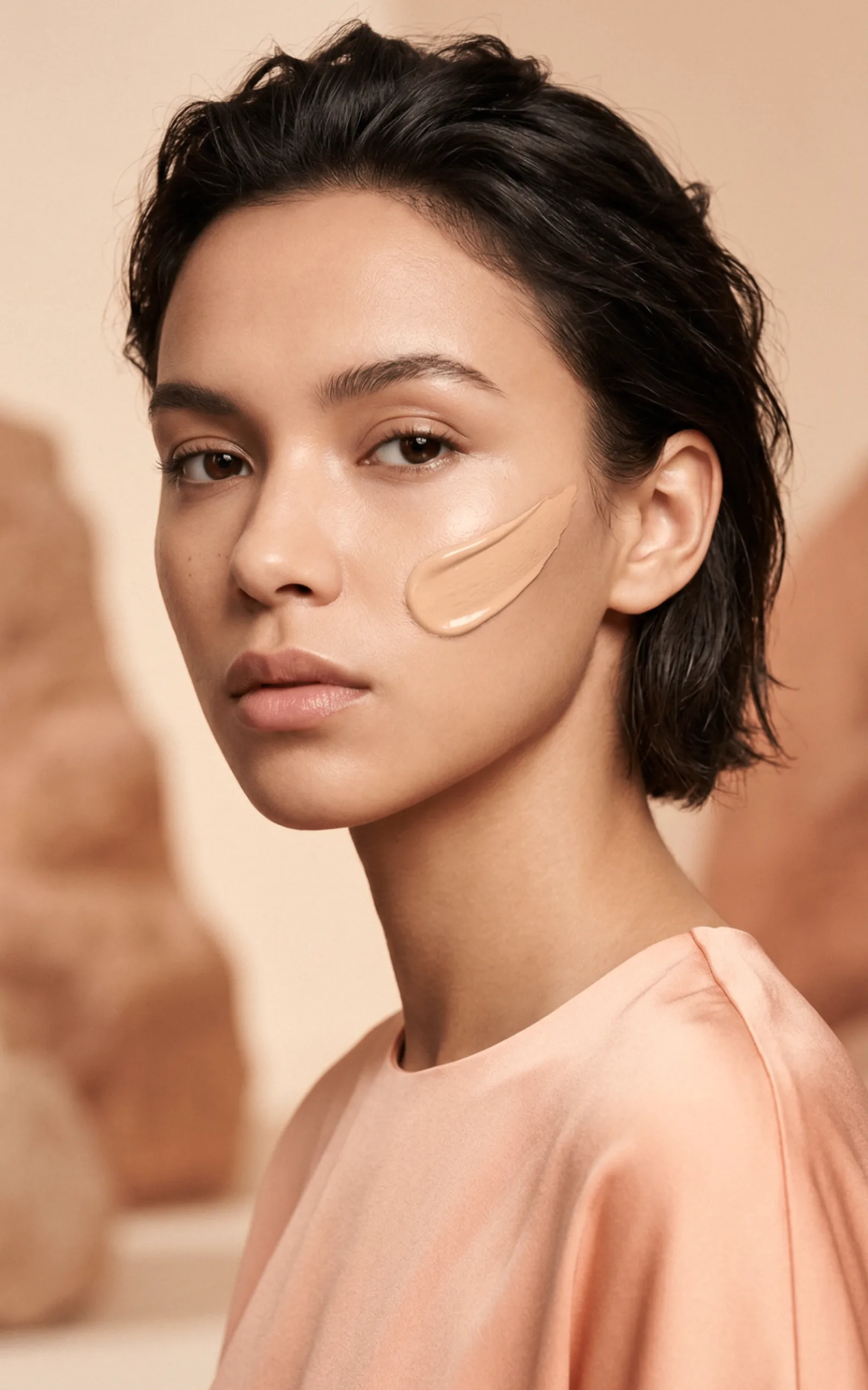 IsaDora foundation — lighter skin tone, side portrait with single foundation swatch.