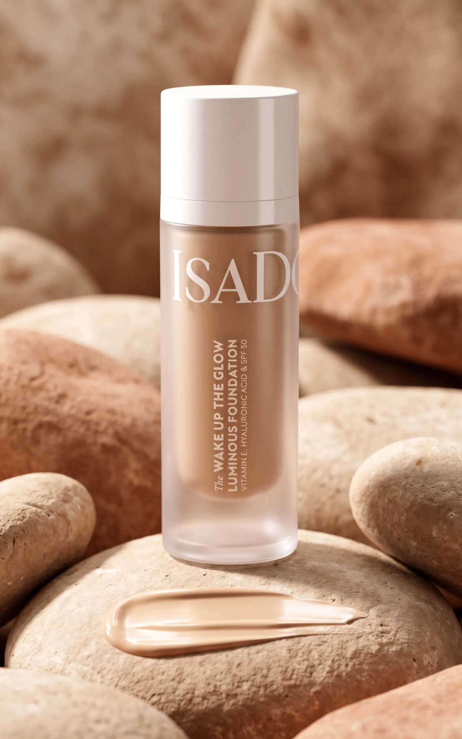 IsaDora Wake Up the Glow foundation — lighter shade resting on warm stones with a foundation swatch.